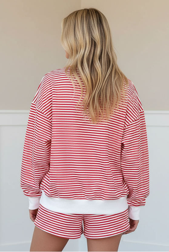 Red stripe matching sweatshirt and shorts outfit for women