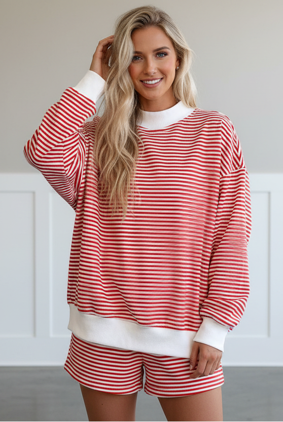 Red striped oversized mock neck sweatshirt and matching shorts two-piece set