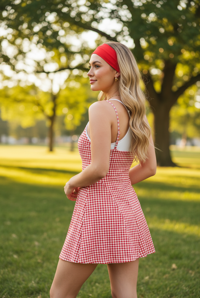 Women’s gingham active dress with built in shorts and lightweight stretch material