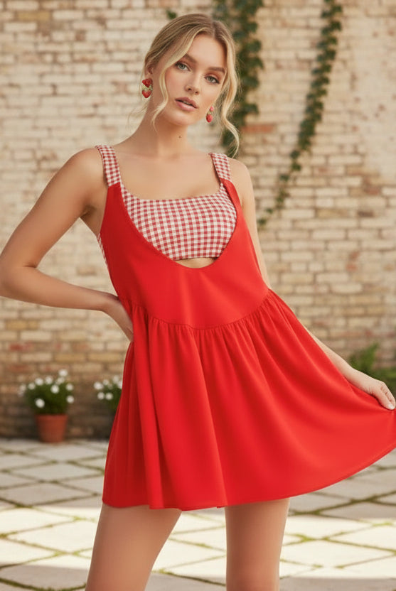 Red gingham workout dress with built-in bra and shorts, versatile athleisure mini dress perfect for fitness, brunch, travel, and everyday activities.