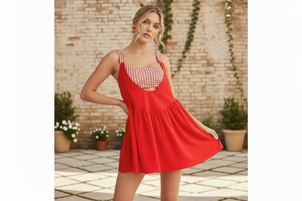Red gingham workout dress with built-in bra and shorts, versatile athleisure mini dress perfect for fitness, brunch, travel, and everyday activities.