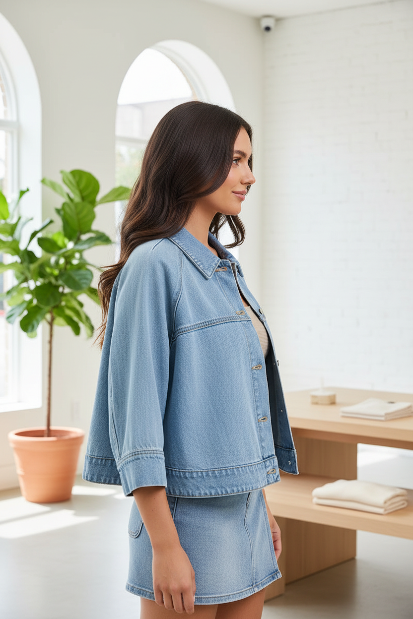Statement denim cape jacket with flowy silhouette, button-up front, and lightweight cotton construction side view