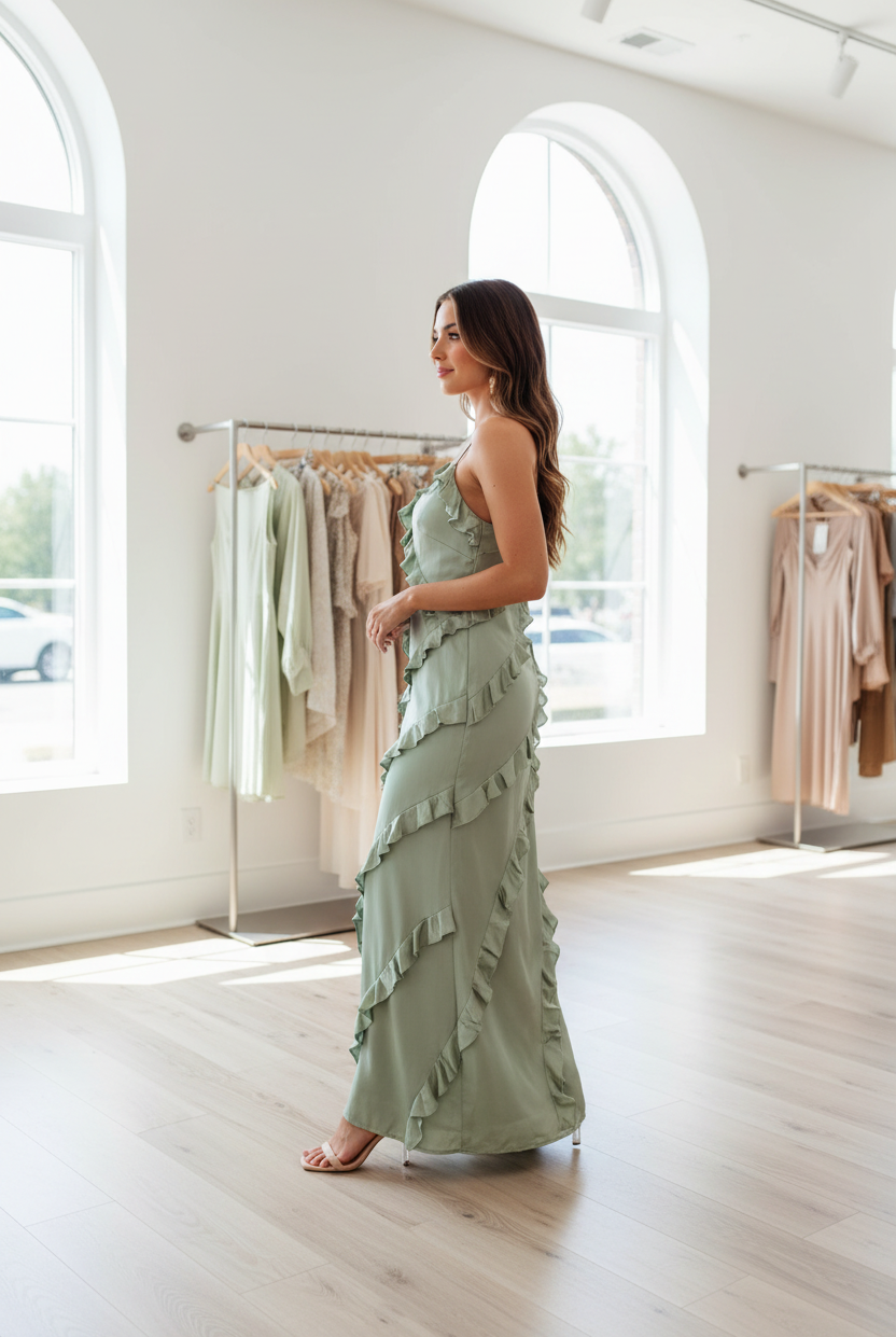 Ruffled spaghetti strap maxi dress with flowy silhouette, lightweight fabric, and feminine drape
