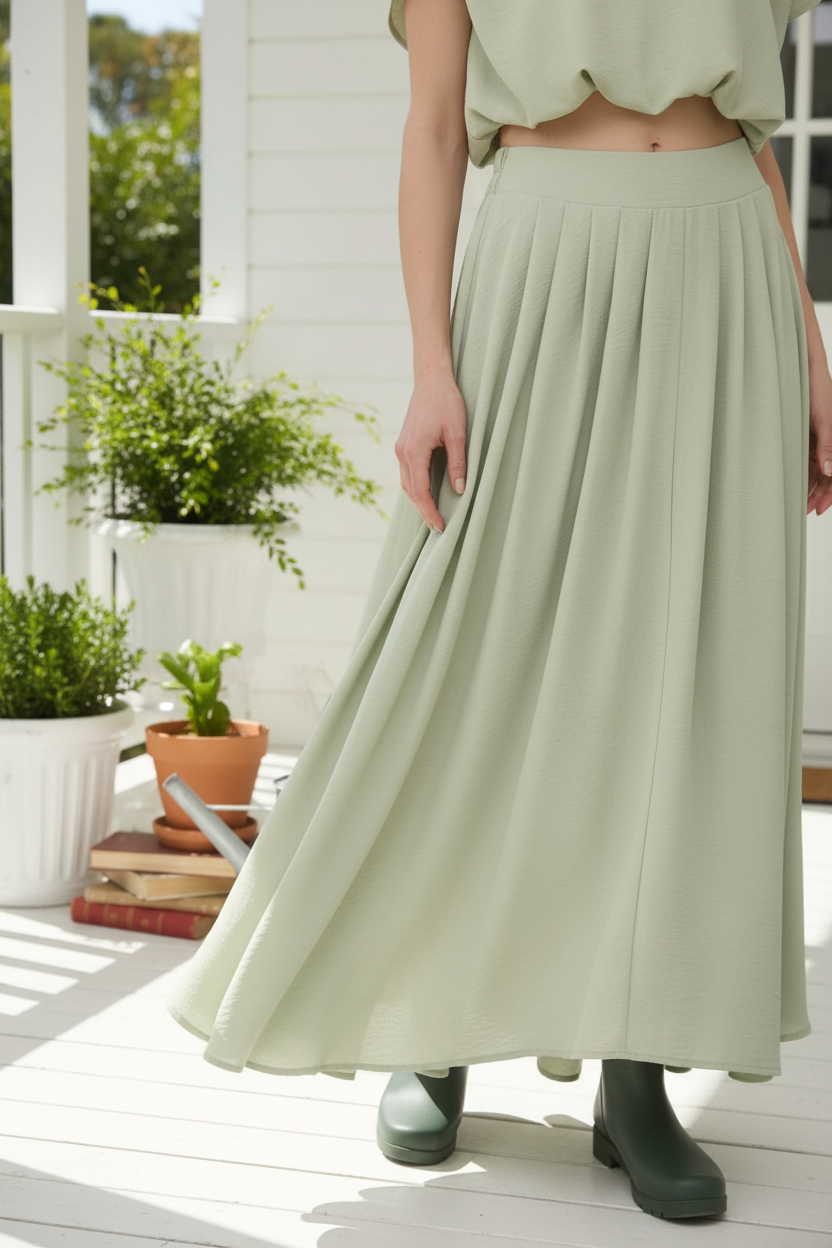 Sage green skirt detail - pleated front on porch