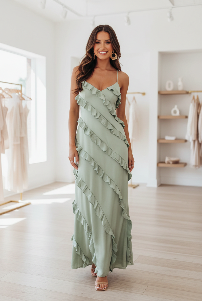 Ruffled Spaghetti Strap Maxi Dress in Sage