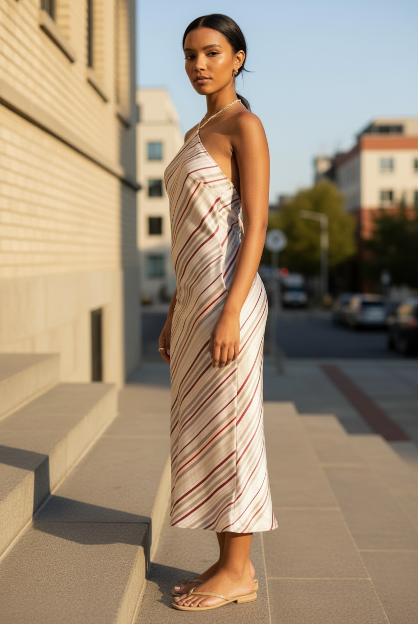 Elegant satin halter dress with open back and diagonal stripe print in grey berry tones