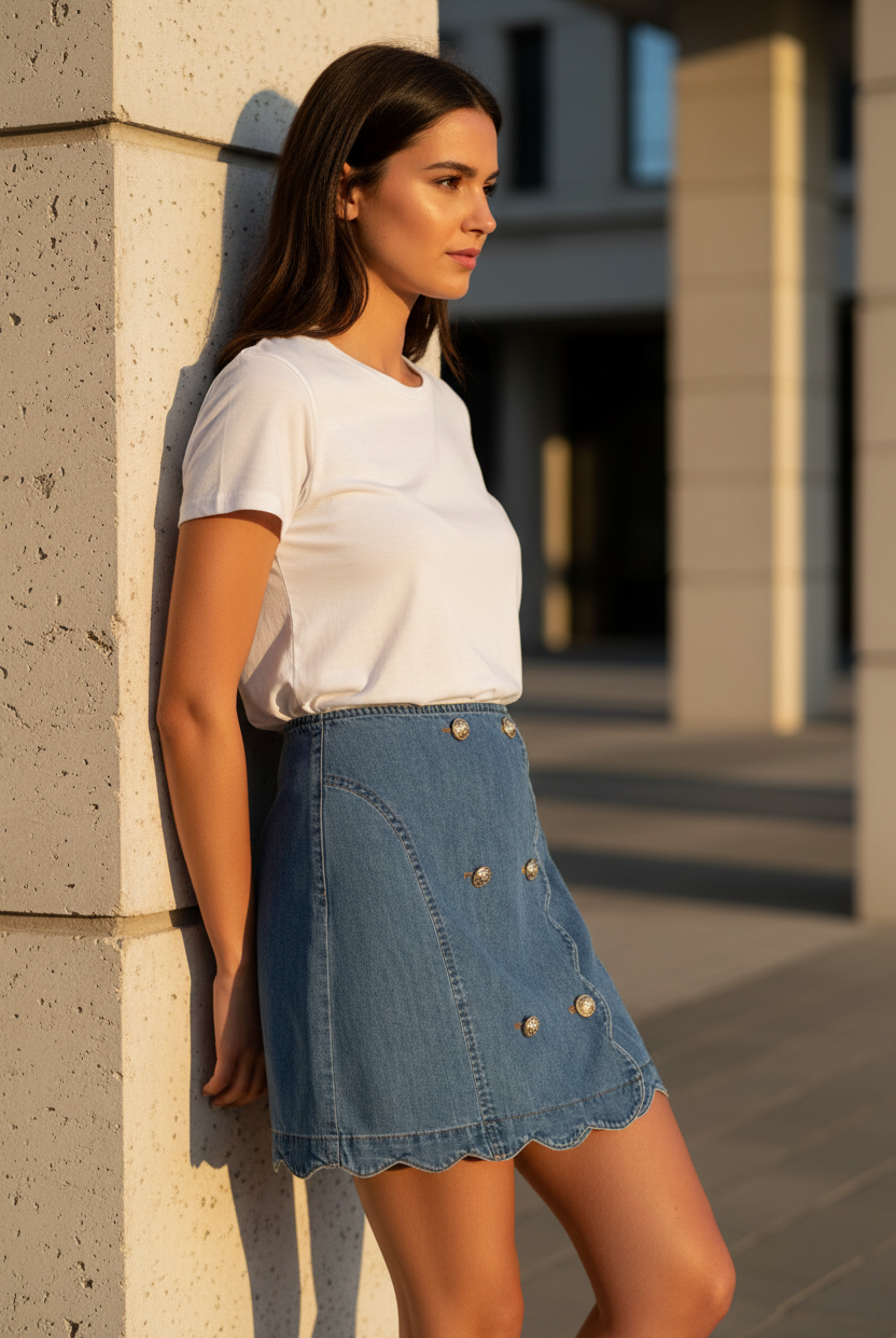 Stylish denim skirt with scallop edge hem and relaxed flattering silhouette