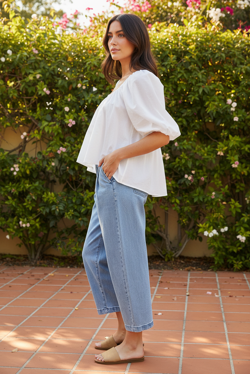 Side profile Risen medium wash slouchy crop barrel pleated jeans. Slight stretch, sizes 0–15, tailored pleated detail. Modern vintage denim at Thread Bar Boutique.