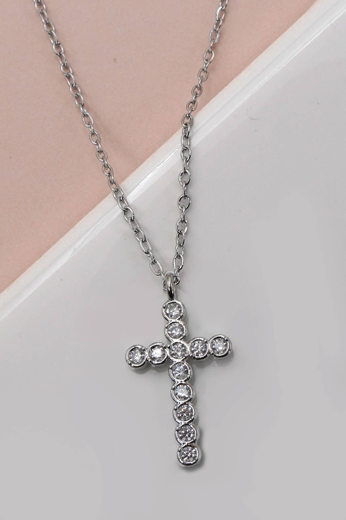 Women’s rhinestone cross necklace in stainless steel with 18K gold finish, hypoallergenic tarnish resistant layering jewelry