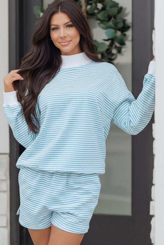 Cozy sky blue stripe matching set with relaxed mock neck top and breathable shorts, designed for effortless everyday style