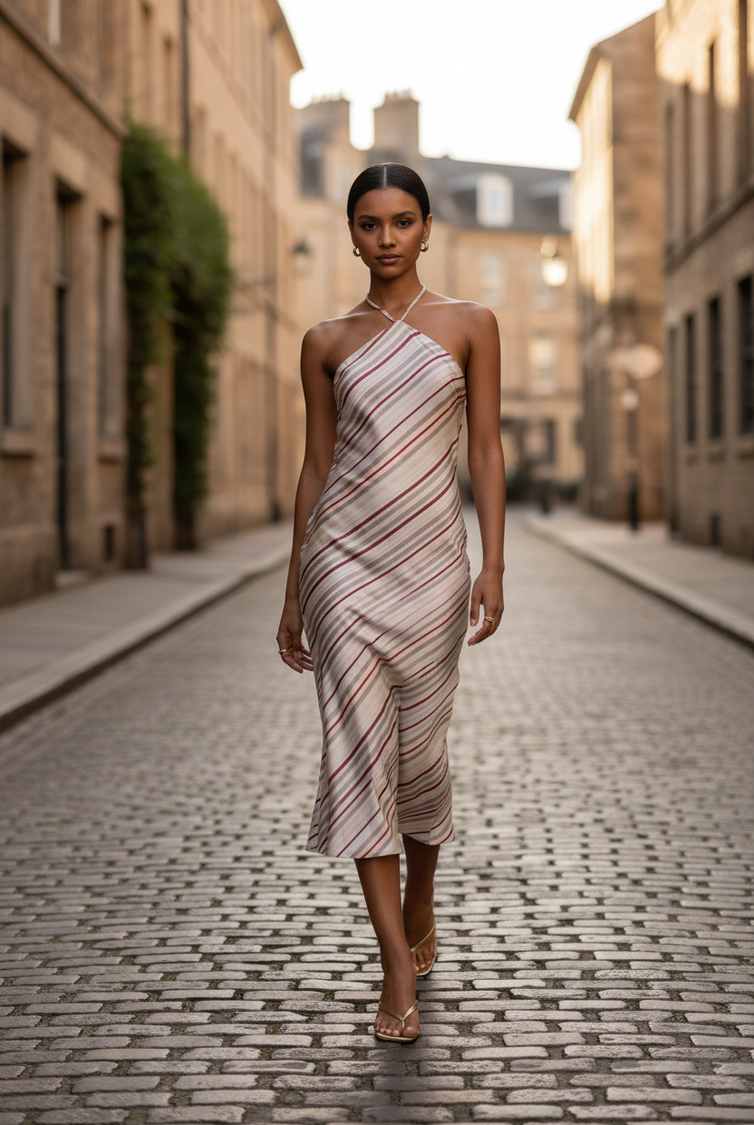 Satin halter midi dress with grey berry diagonal stripe print and open back detail