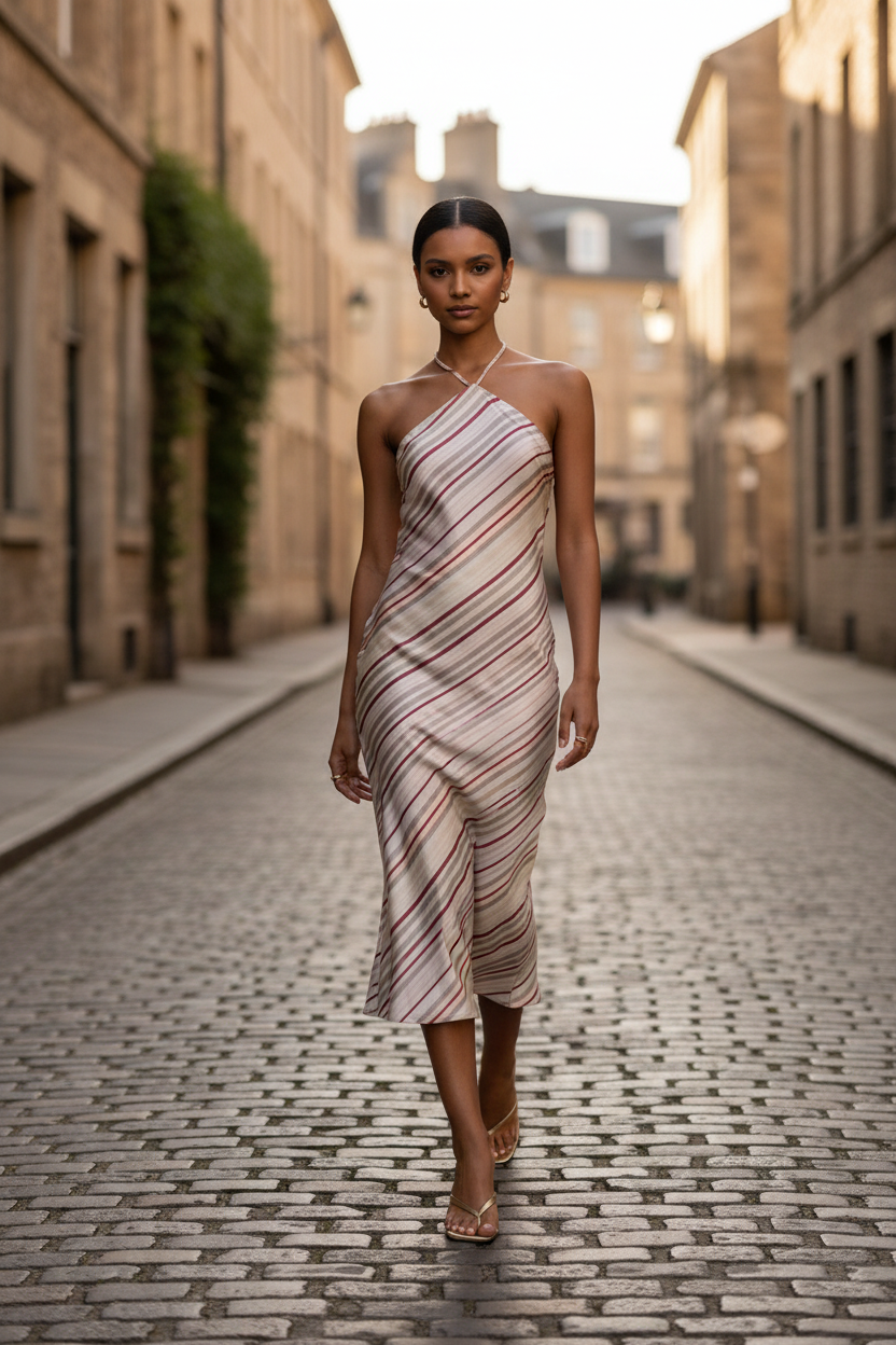 Satin halter midi dress with grey berry diagonal stripe print and open back detail