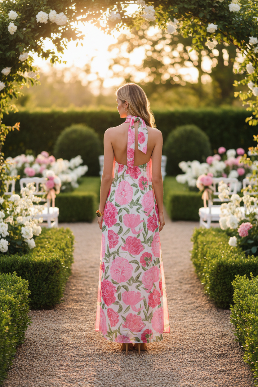 Elegant floral maxi dress with detachable scarf and strapless neckline