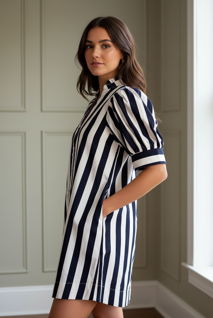 Relaxed striped mini dress for women featuring puff sleeves, ruffle trim and 100% cotton fabric from Thread Bar Boutique