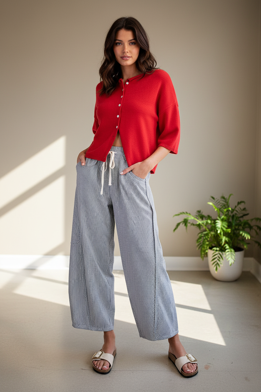 Striped drawstring barrel pants full body front view — flattering high-waist barrel silhouette with elasticized waistband and cropped red cardigan styling