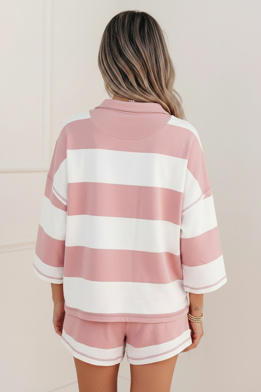 Back - Smooth HairWomen’s striped matching set with relaxed half-zip top and high-stretch shorts for a comfortable casual outfit