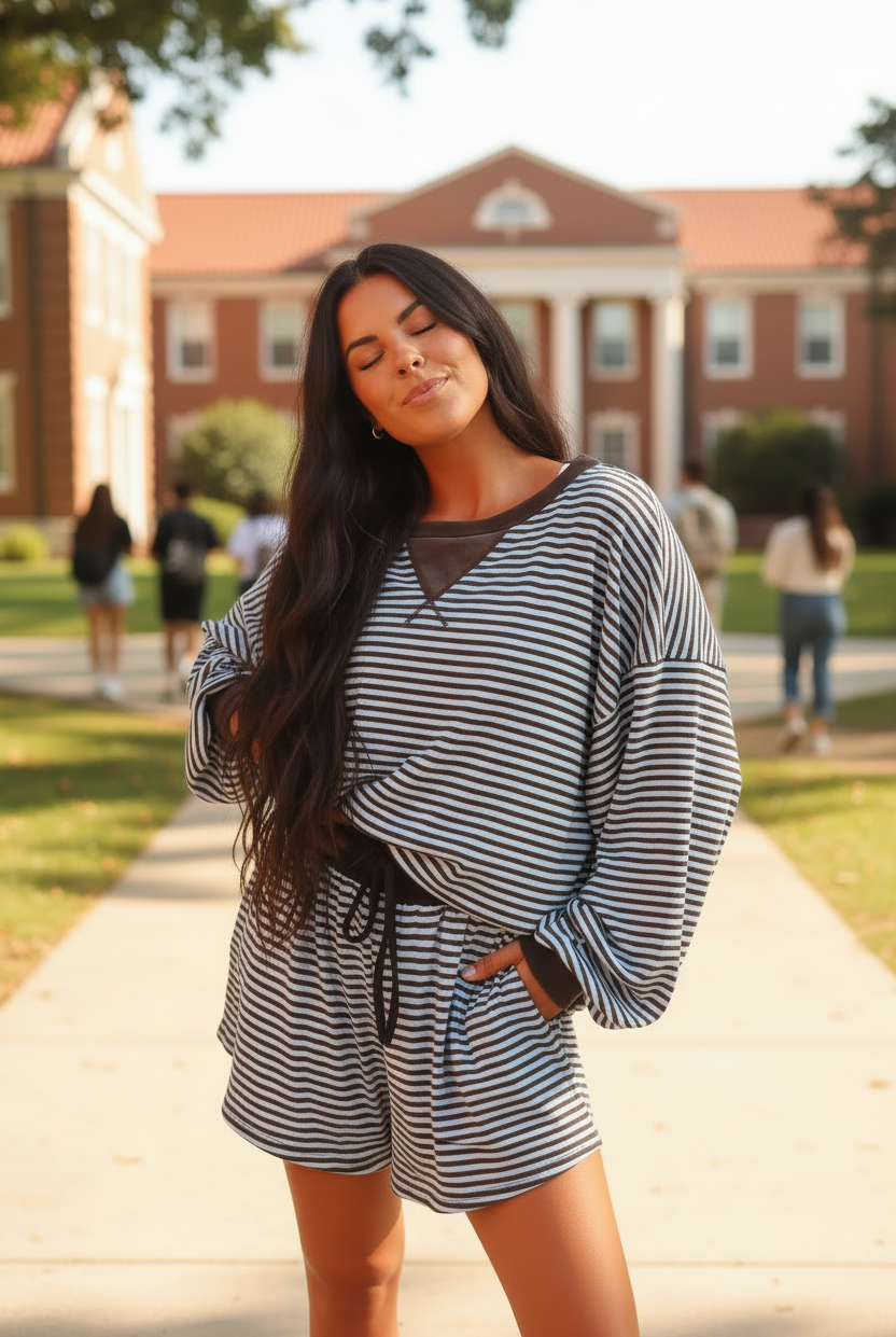 Dark brunette model wearing brown stripe oversized long sleeve top and matching drawstring shorts - three-quarter playful pose outdoors on college campus