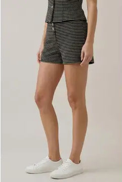Women's striped button-front shorts, high-rise tailored silhouette with comfortable stretch waistband, sold separately as part of a matching two-piece set