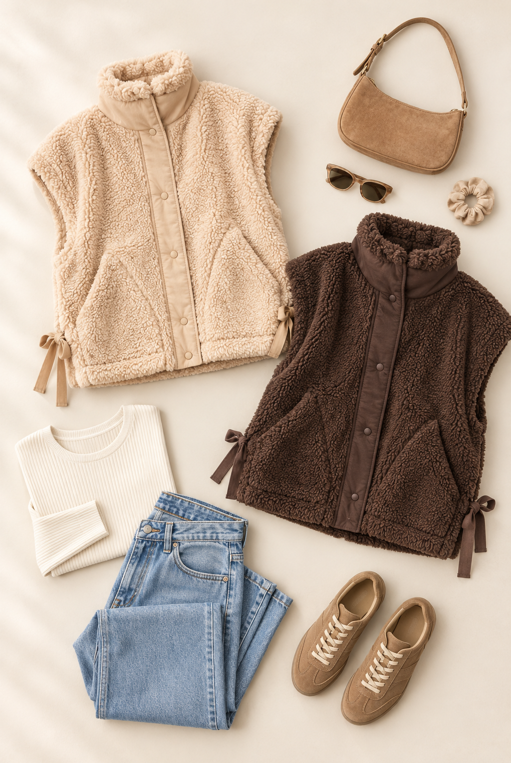 Styled beige and brown sherpa vest flat lay with jeans, ivory top, suede sneakers and tan bag