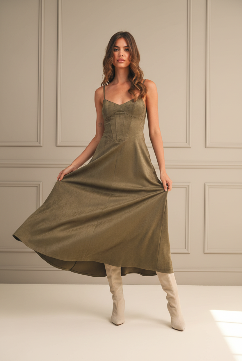 Suede Corset Midi Dress - Skirt Drape