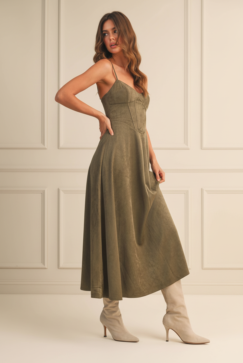 Suede Corset Midi Dress - Three Quarter