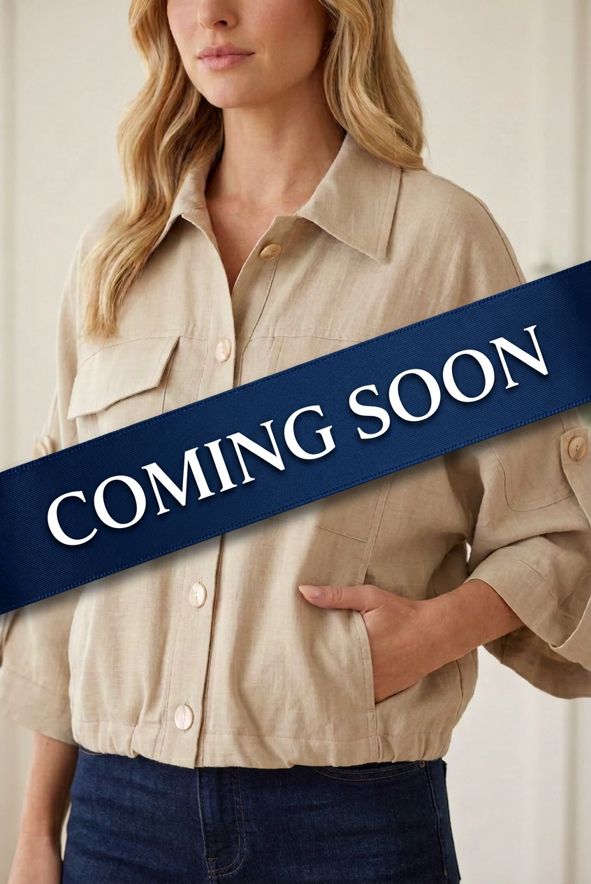 Taupe, full-length front: Entro taupe lightweight utility jacket with button front and flap chest pocketsront detail with dark denim