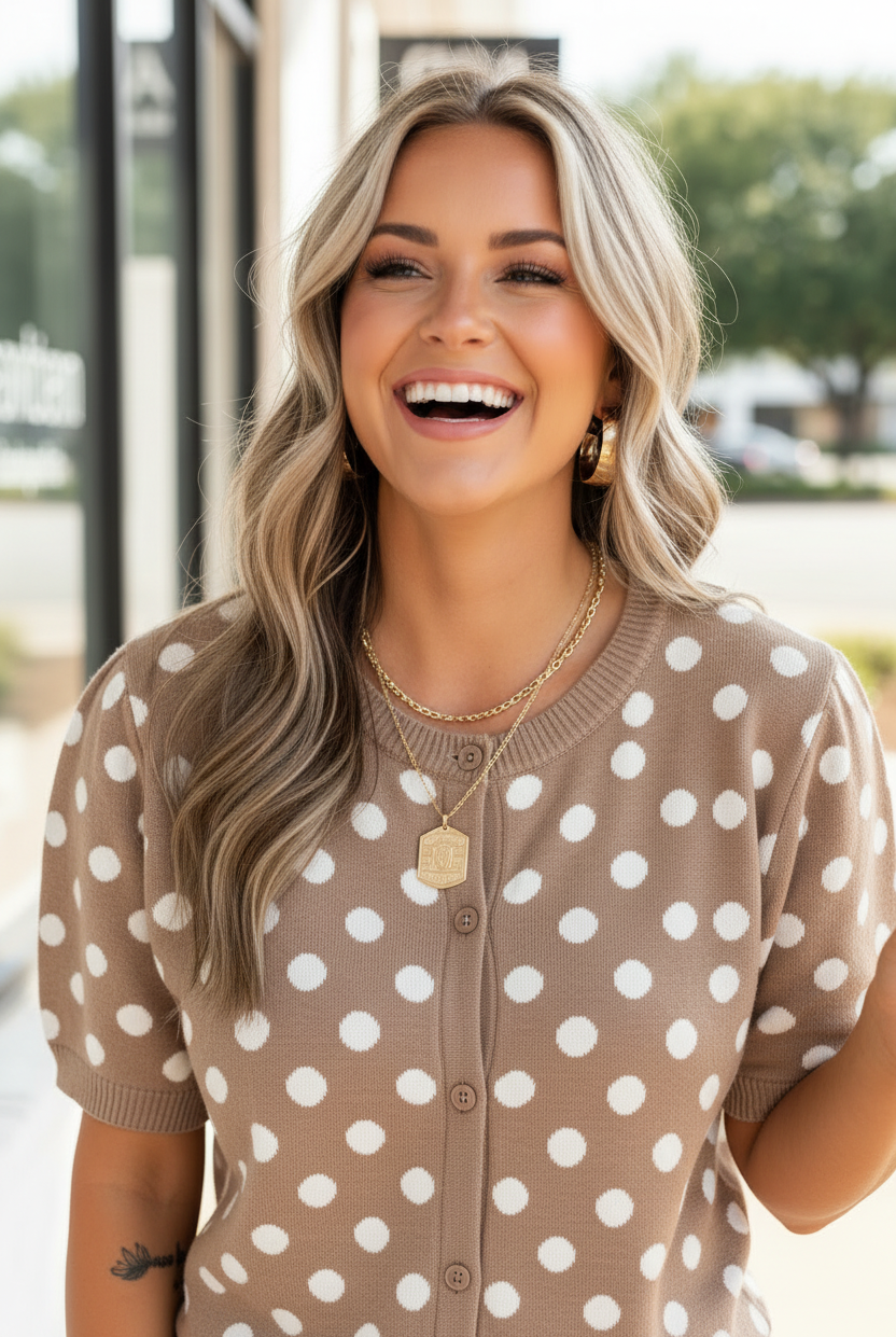Candid close-up of blonde woman laughing outdoors in taupe brown polka dot short sleeve knit cardigan with button-front neckline detail and gold hoop earrings