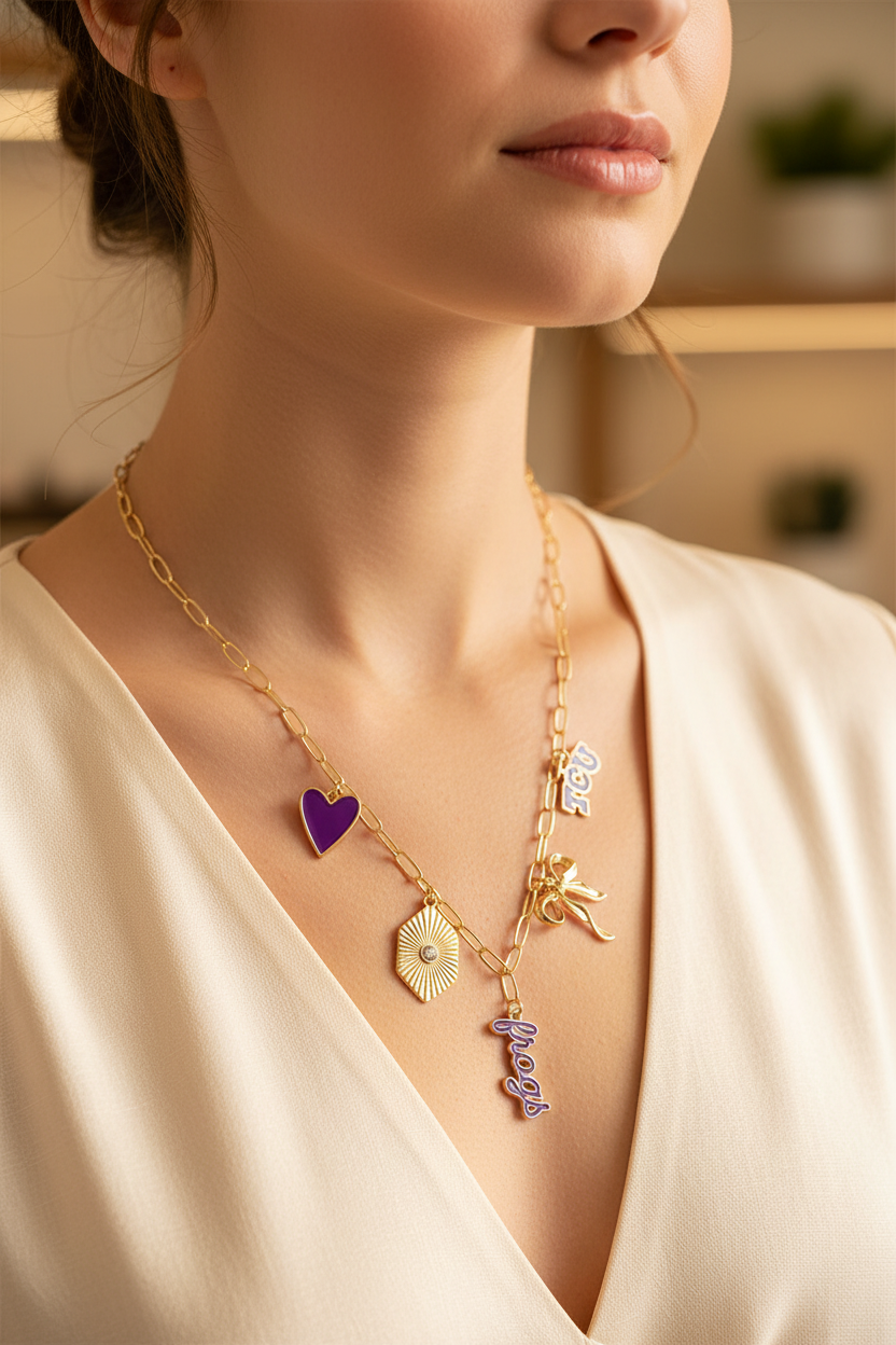 Gold paperclip chain necklace with TCU Horned Frogs themed charms, including TCU logo, heart, bow, and script lettering, adjustable 16-inch length