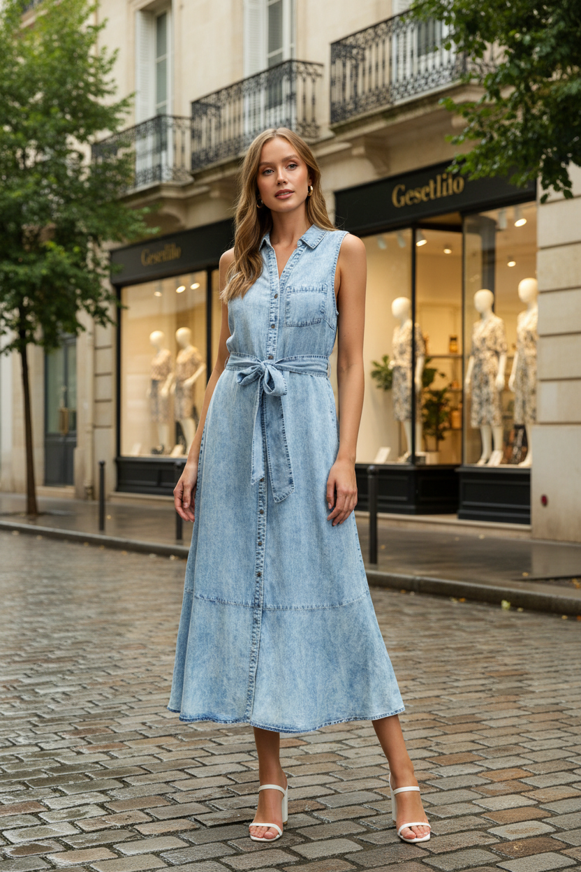 Lightweight TENCEL sleeveless midi dress with collar, button front, and flowy ruffle hem, versatile warm-weather outfit from Thread Bar Boutique