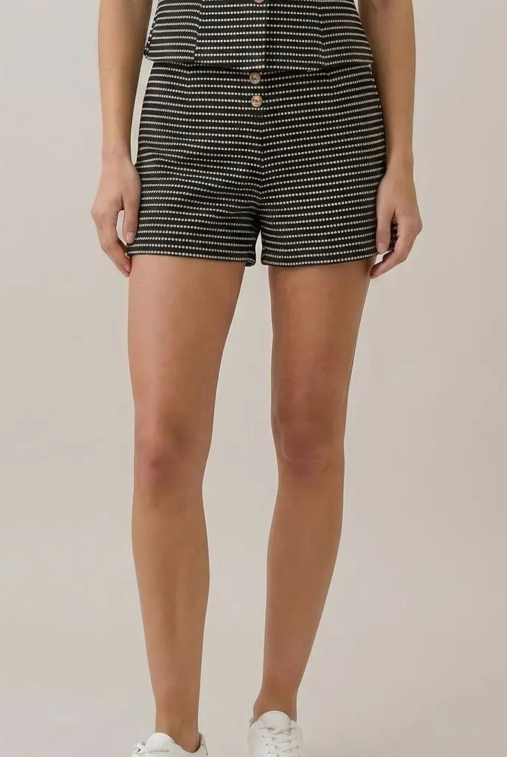 Women's striped high-rise shorts with front button placket, tailored textured design and elastic back waistband, part of a matching vest and shorts set