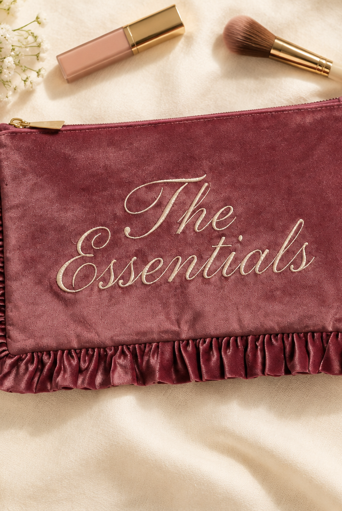 The Essentials velvet ruffle makeup bag at thread bar boutique great for gifts