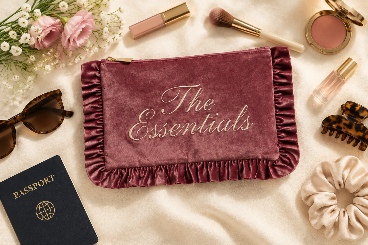 The Essentials velvet ruffle makeup bag at thread bar boutique great for gifts