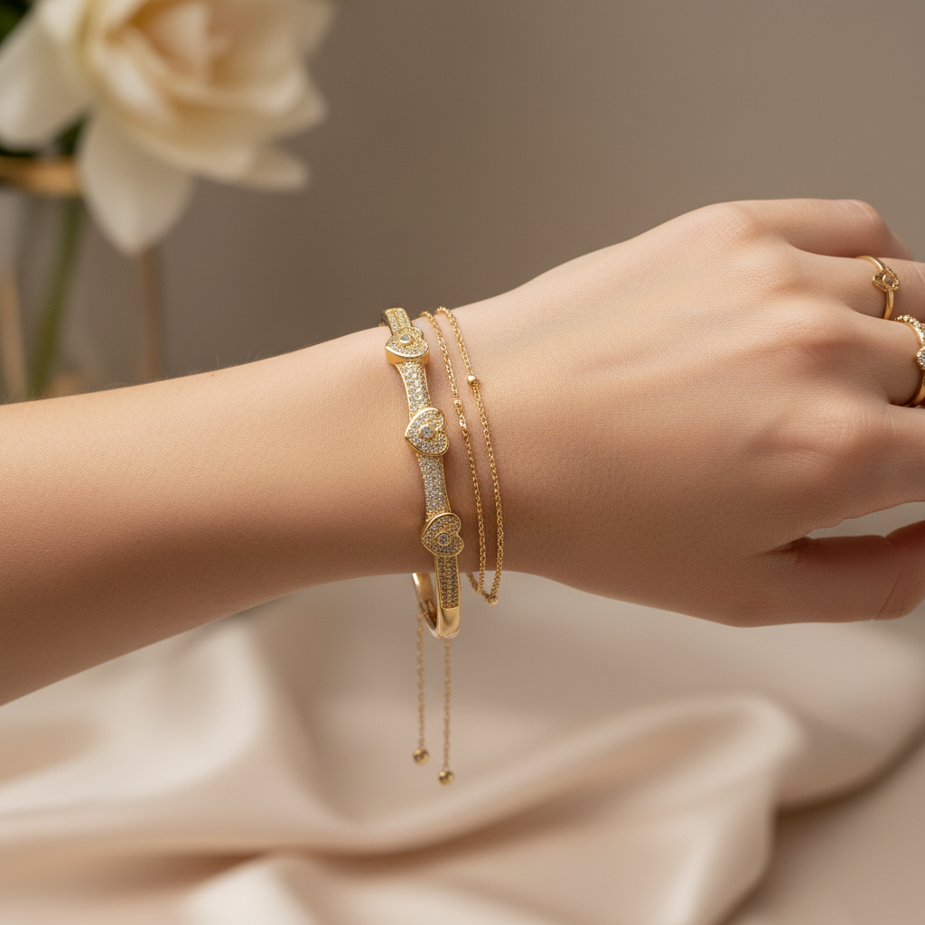 CZ triple heart bangle with polished stainless steel and sparkling crystal details