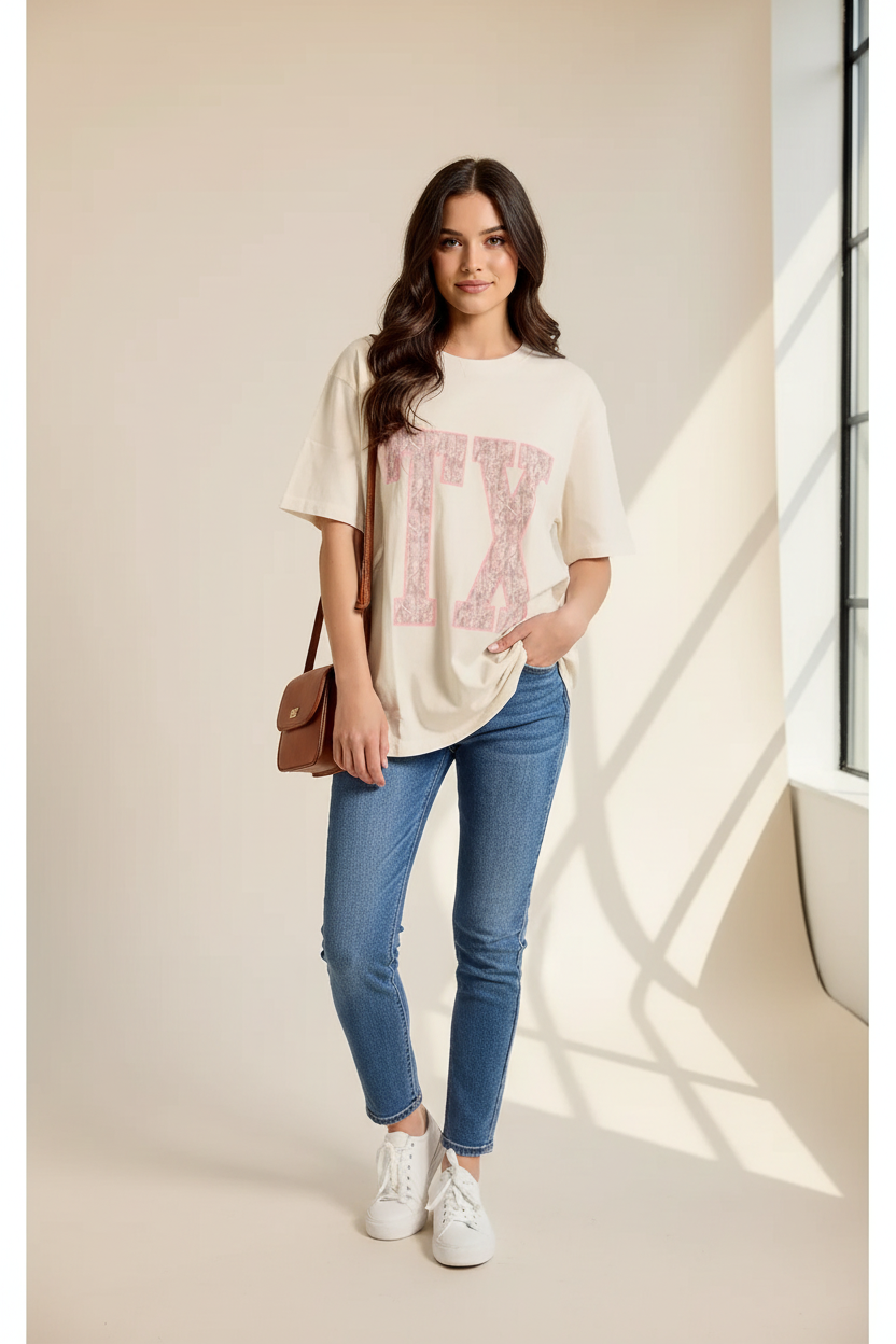 Thread Bar Boutique Texas graphic tee with pink lace puff print TX design, oversized boyfriend fit, and soft mineral wash cotton.