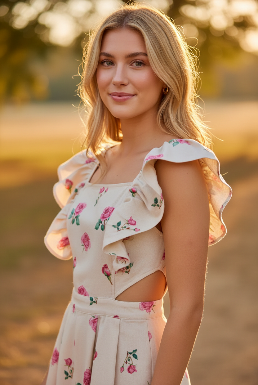Floral Print Denim Cutout Waist Ruffled Romper - Close-up cutout and ruffle detail