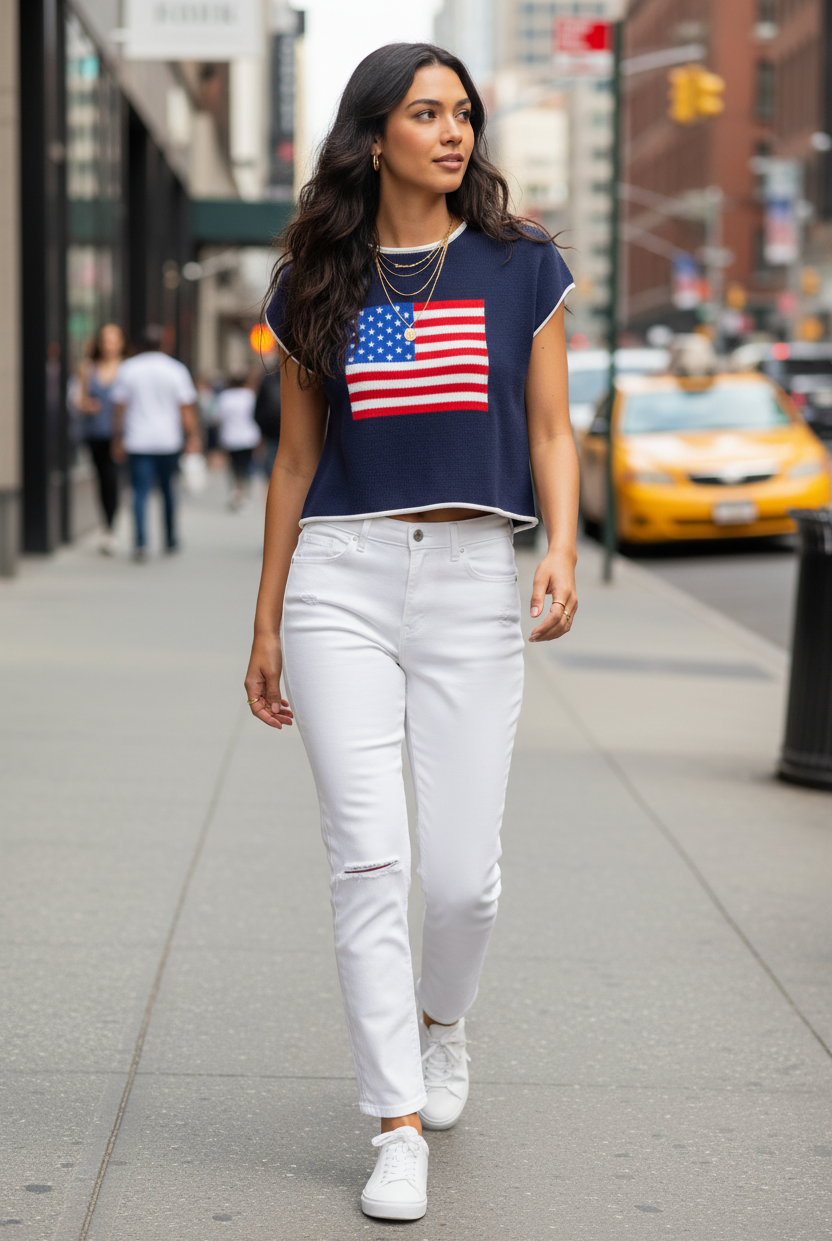 USA Flag Sweater Tank - urban walk lifestyle, brunette model with long hair, white jeans, gold jewelry