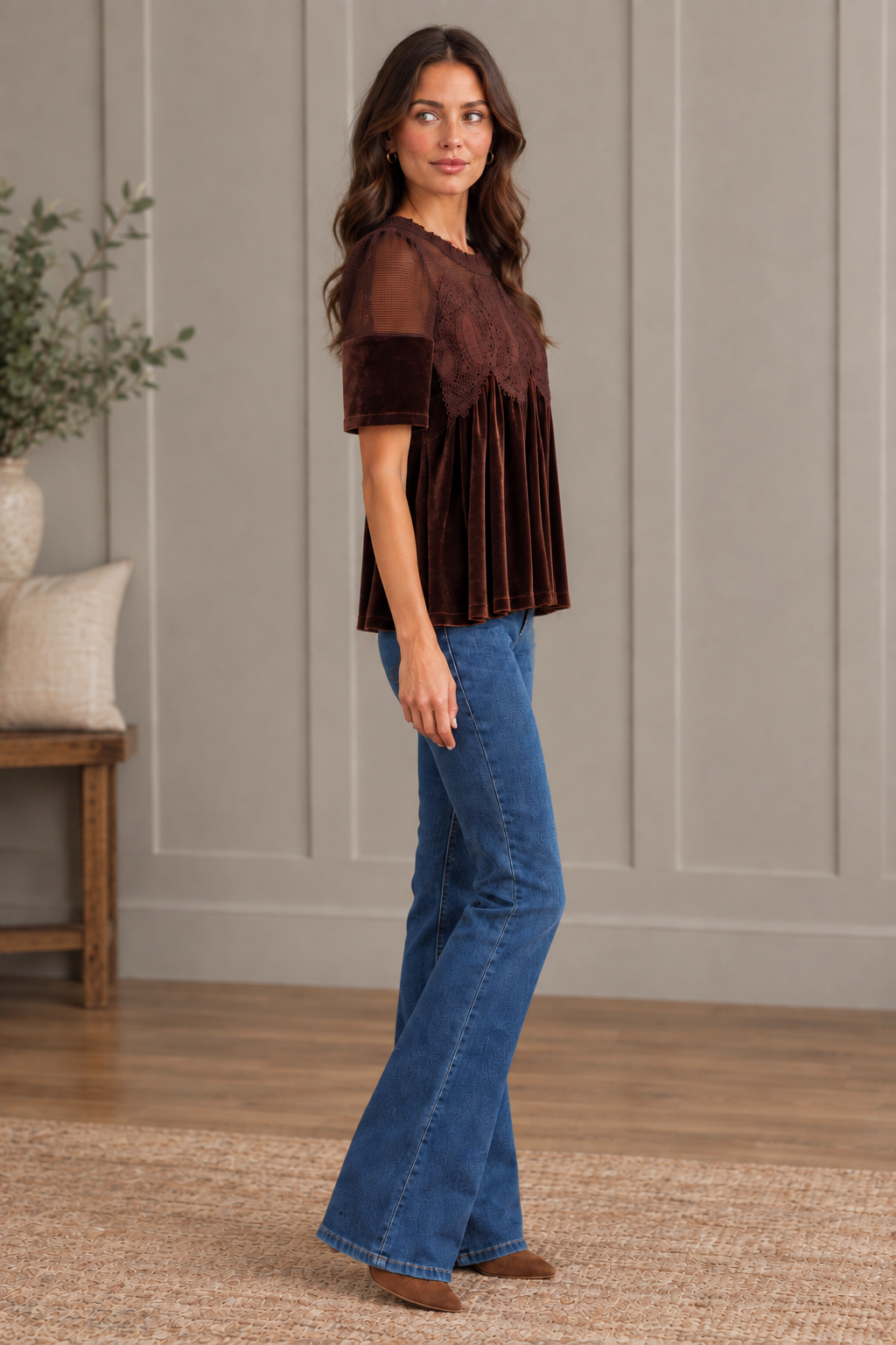 Thread Bar Boutique brown velvet date night top with lace and sheer crochet-style details, short puff sleeves, scalloped mesh contrast, and flowing babydoll silhouette, perfect with jeans, skirts, or trousers.