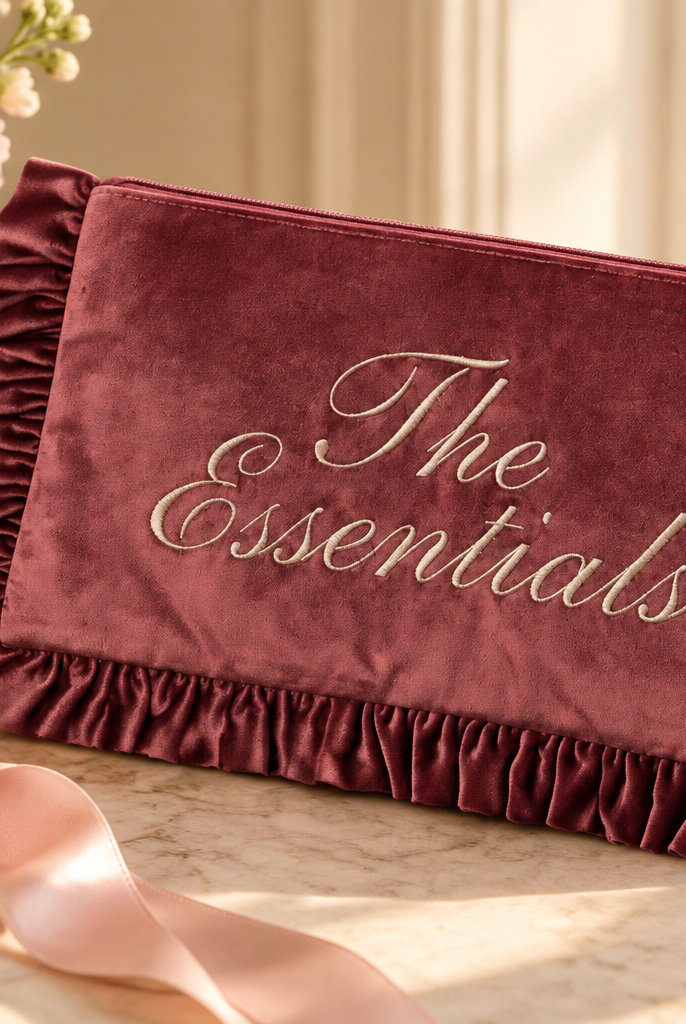 The Essentials velvet ruffle makeup bag styled as a feminine gift