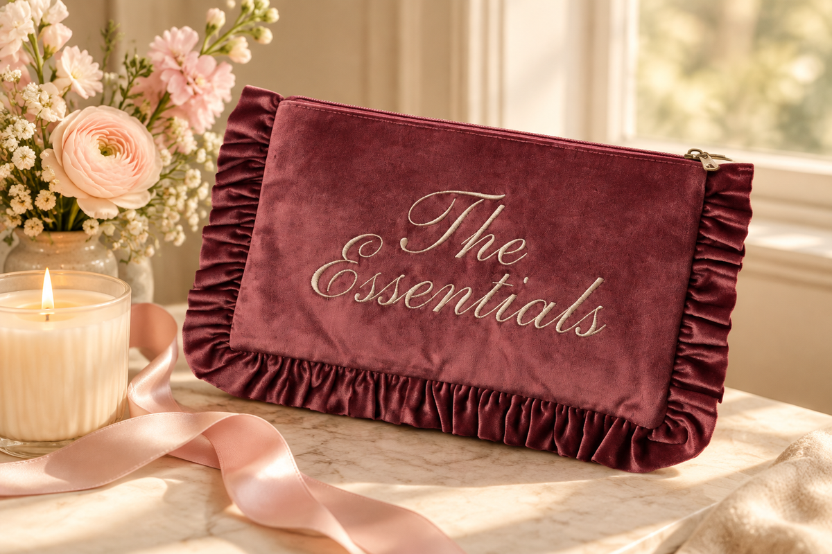 The Essentials velvet ruffle makeup bag styled as a feminine gift