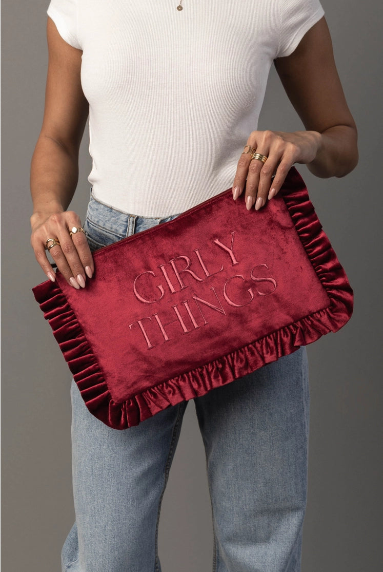 Thread Bar Boutique pink velvet travel pouch with embroidered saying, feminine ruffle trim, zip closure, and roomy 17-inch size for makeup, toiletries, and everyday essentials