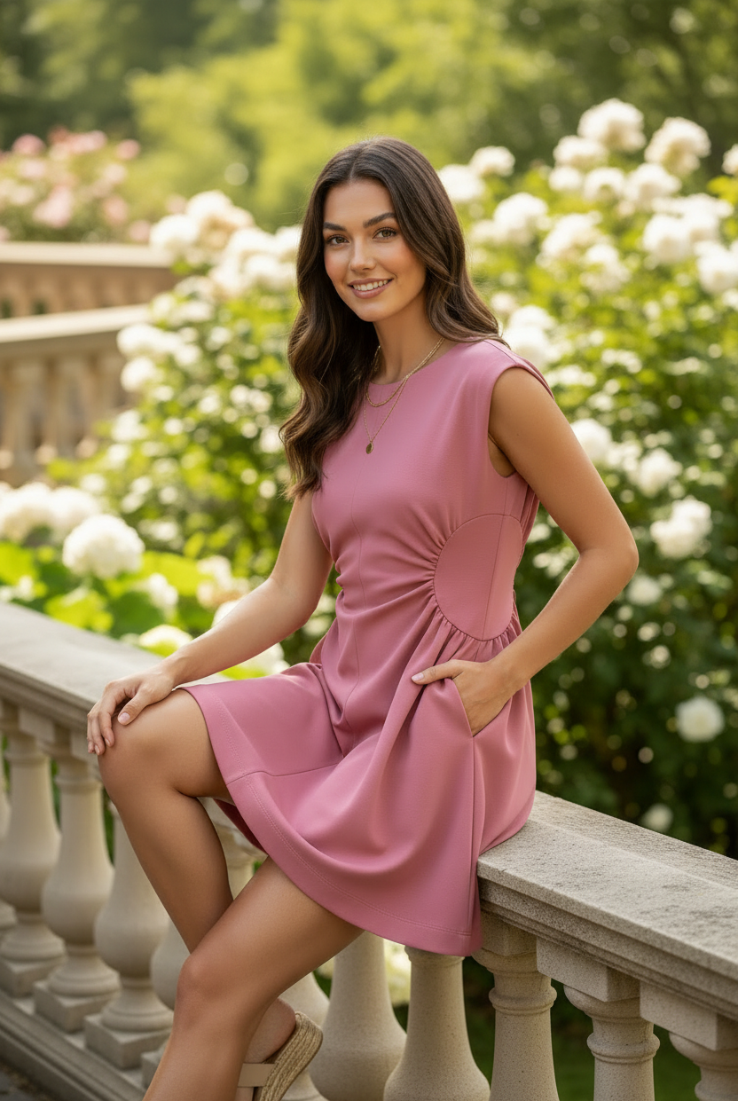 pink sleeveless mini dress with side cutouts, ruched waist detail, and flared skirt zipper back