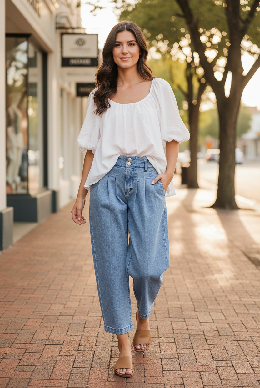 Risen medium wash slouchy crop barrel pleated jeans. Slight stretch, sizes 0–15, tailored pleated detail. Modern vintage denim at Thread Bar Boutique.