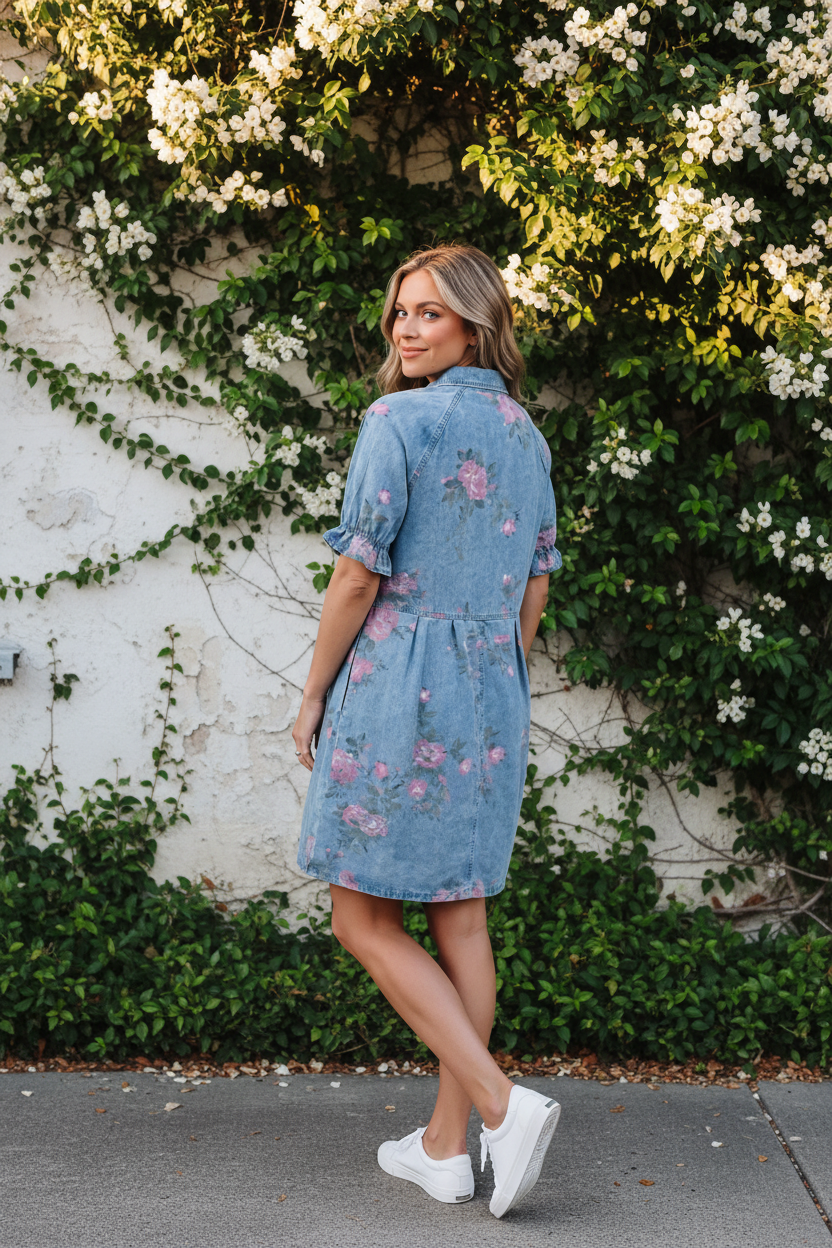 Sky blue enzyme-washed denim shirt dress back view showing ruffled puff sleeves, relaxed A-line silhouette, and all-over pink floral garden print