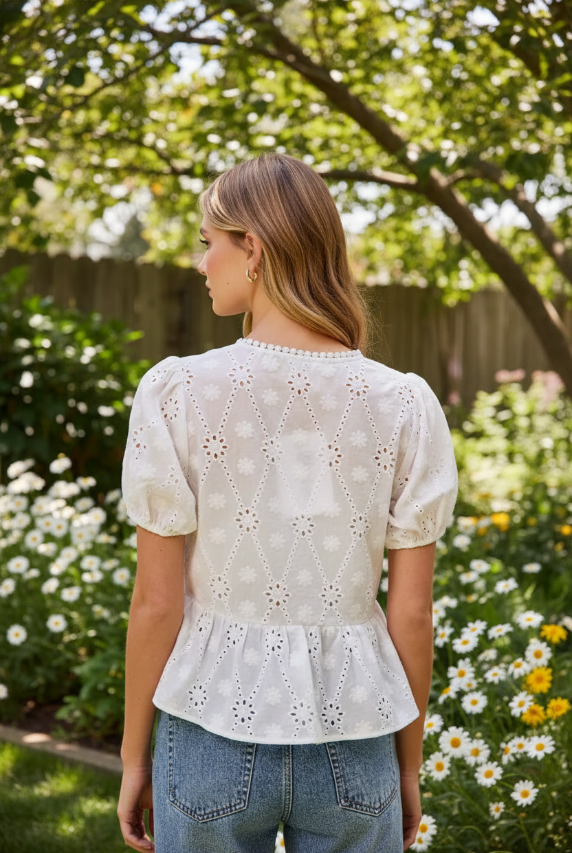White eyelet peplum top back view outdoor