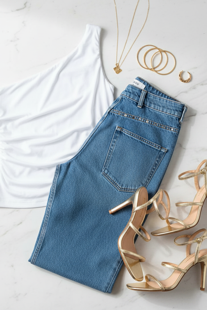 Trendy off-shoulder asymmetrical blouse with stretchy fabric and second-skin feel for day or night styling flat lay