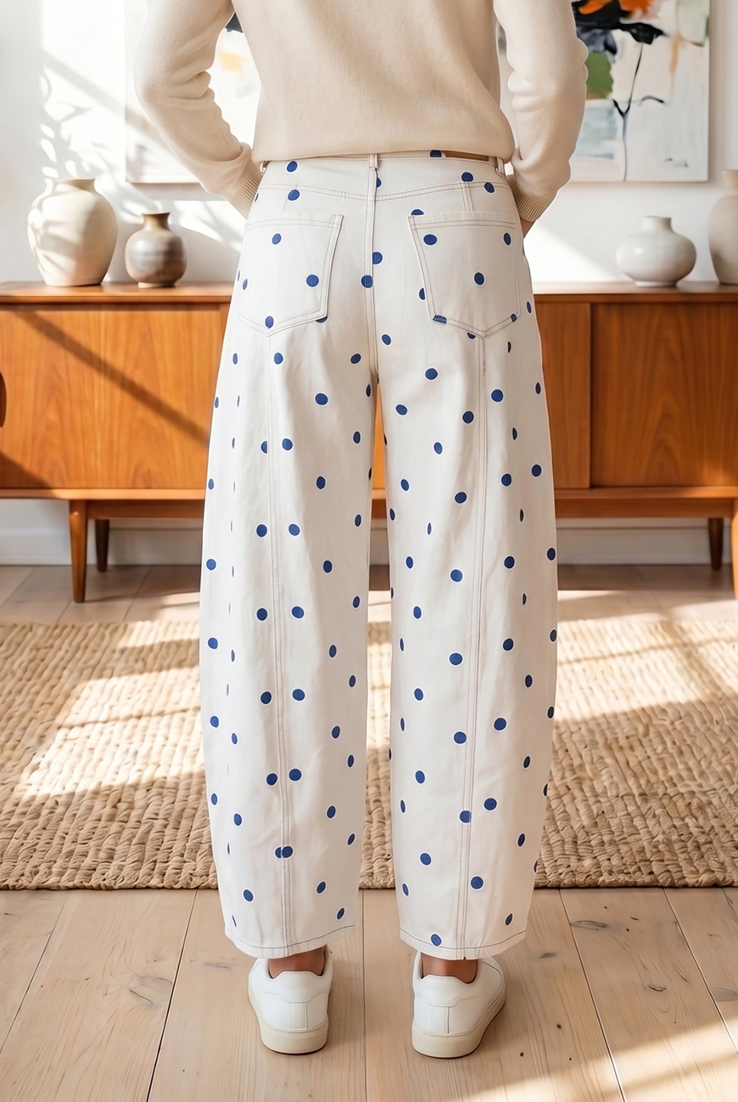 white barrel jeans with blue polka dot print