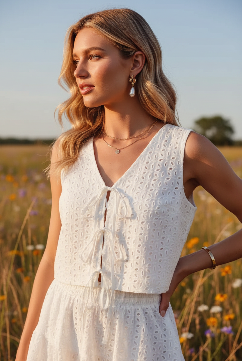 Feminine white eyelet lace matching set from Thread Bar Boutique, vest top with tie detail paired with a tiered mini skirt