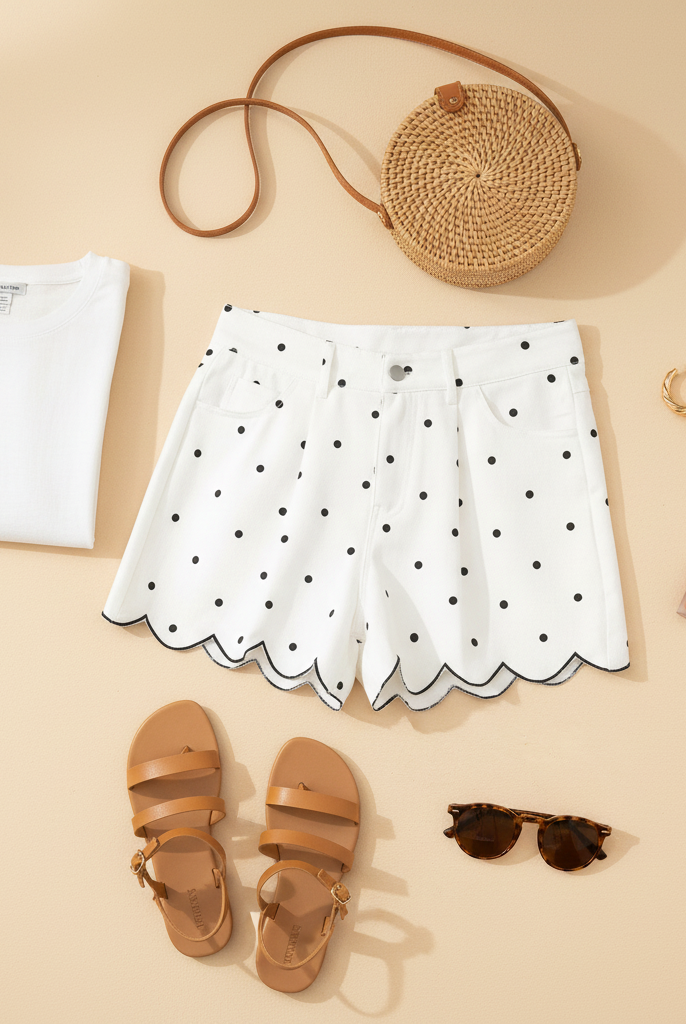 Styled flatlay of white polka dot scallop hem shorts with complete summer outfit — white crop tee, strappy sandals, straw bag, gold hoops, and sunglasses