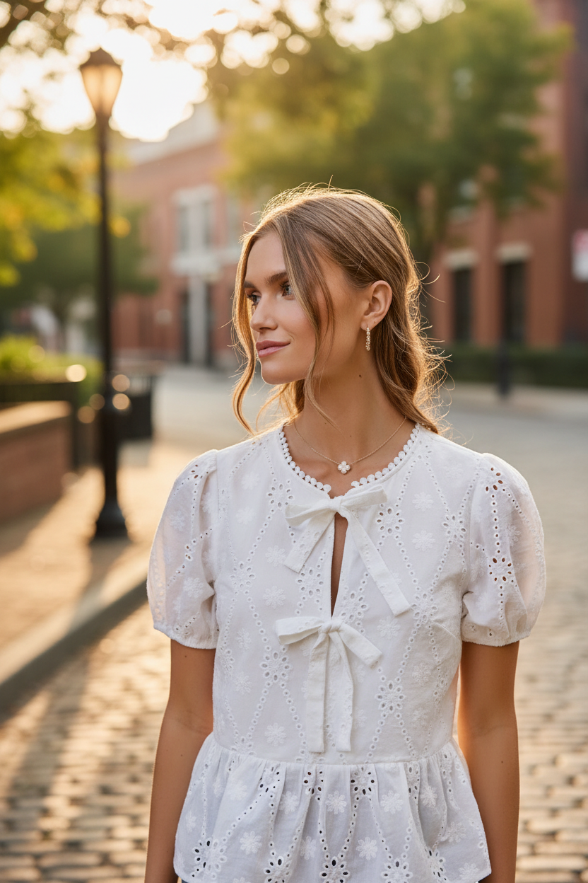 Thread Bar Boutique women’s white eyelet top with short sleeves and breathable 100% cotton fabric for warm weather styling.