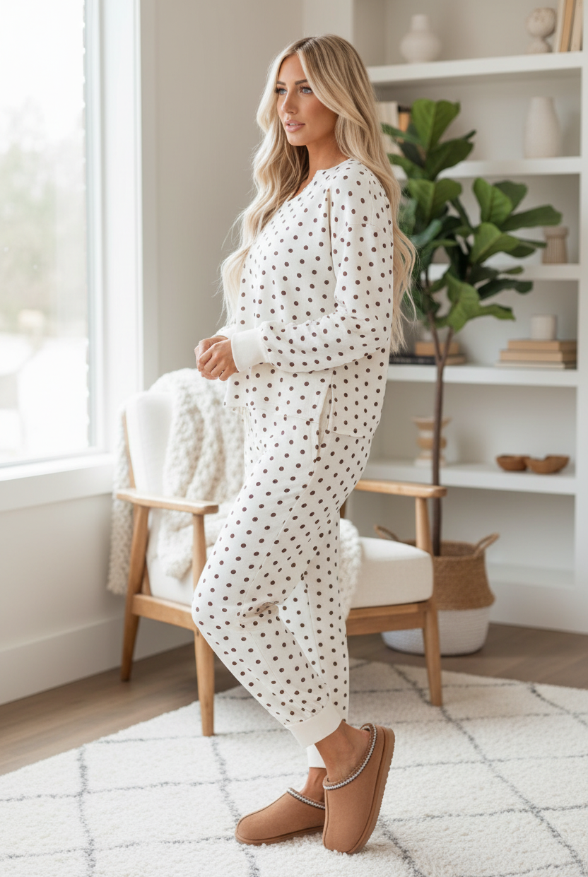Side view of white polka dot waffle knit lounge set showing long sleeve top and matching jogger pants — Thread Bar Boutique